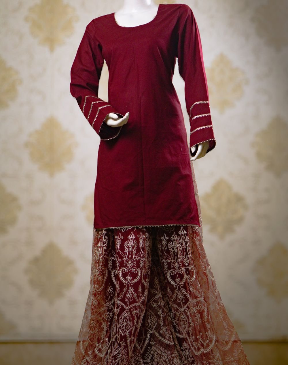 festive lawn shirt with chikankari net sharara